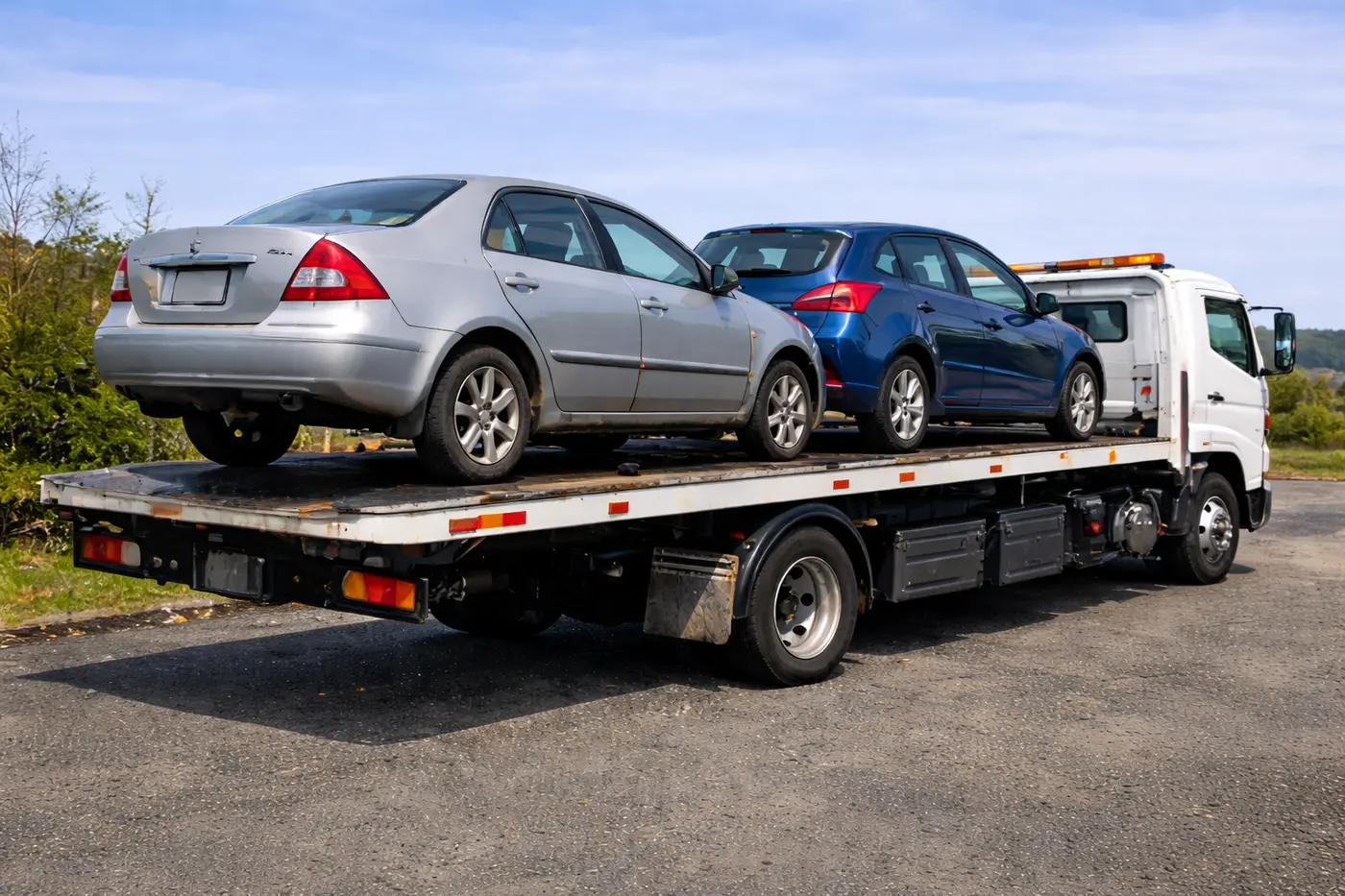 Two scrap cars loaded on a flatbed tow truck