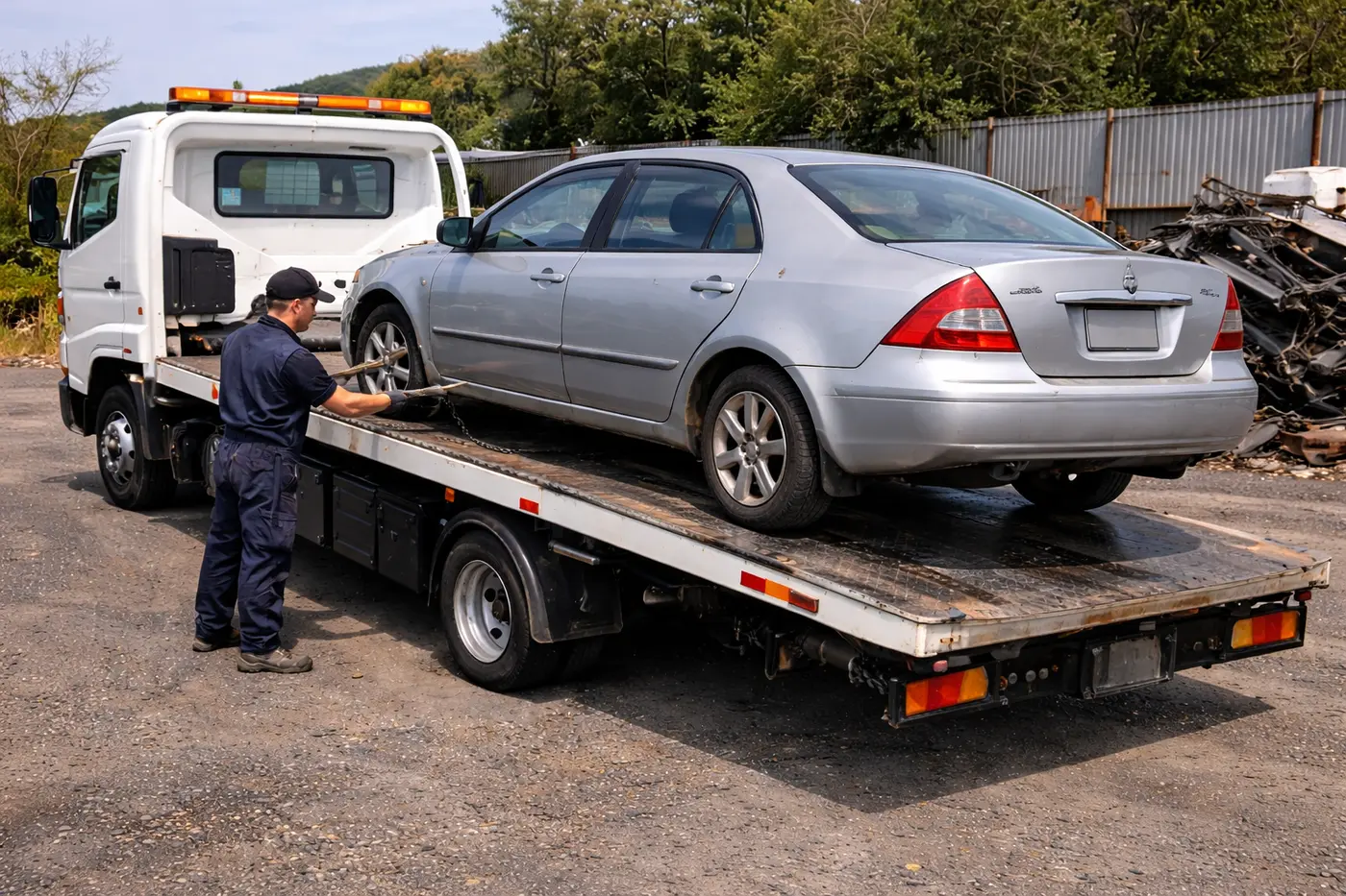 Tow truck driver securing a scrap car on the flatbed